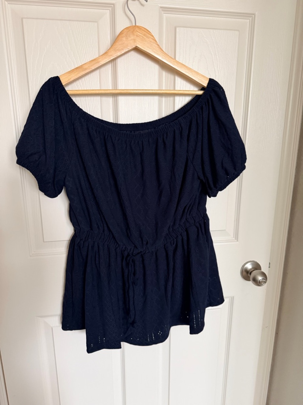 Women's Navy Off-Shoulder Front Tie Peplum Navy  Top